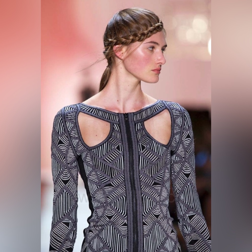 Hervé Léger Julietta Runway Bodycon Dress Pewter Geometric Cutout Knit, M 👗 HL